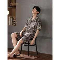 Gongdie [Tipo legal] Pijama masculino de manga curta, roupa externa de verão, folha de palmeira, cardigã de algodão puro