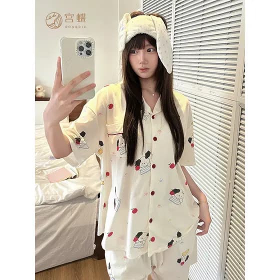 Gongdie [pode usar fora] Apple Puppy Pijama de algodão puro feminino de manga curta verão desenho animado fofo terno par