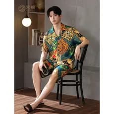 Gongdie [pode usar fora] Pijama masculino de algodão puro cor moda Casual manga curta Loungewear terno juvenil verão