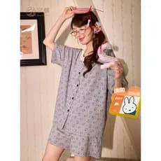 Gongdie [Tipo de sensação legal] Miffy Pijama de manga curta de verão feminino algodão puro Casual estampa completa roup