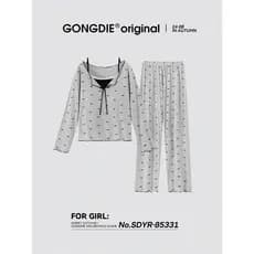 Gongdie [leve macio] primavera outono pijamas femininos de manga comprida Casual ao ar livre terno estampa completa laço