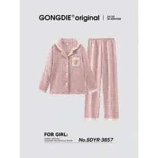 Gongdie [Tipo de armazenamento de calor] Conjunto de pijama térmico feminino outono inverno doce lapela xadrez flanela L