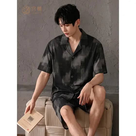 Gongdie [pode usar fora] Pijama masculino de algodão puro simples Casual tamanho grande cardigã de manga curta Loungewea