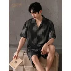 Gongdie [pode usar fora] Pijama masculino de algodão puro simples Casual tamanho grande cardigã de manga curta Loungewea