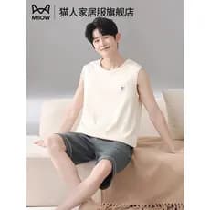 Gato pijamas masculino verão 2026 novo estilo colete masculino algodão seda legal sentimento Homewear terno verão