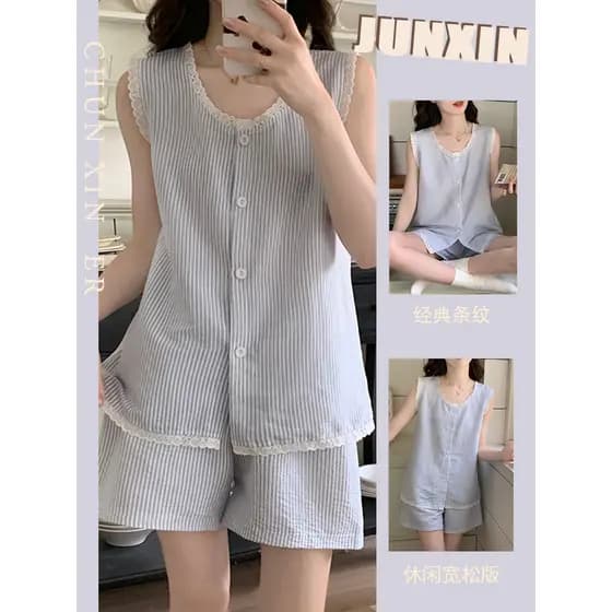 Renda guarnição listrado sem mangas pijamas colete feminino confortável respirável verão 2026 novo estilo Homewear Short