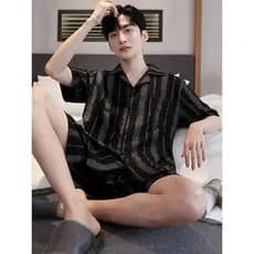 2026 novo estilo de verão masculino listrado High-End pijamas tamanho grande terno de manga curta pode usar fora do esti