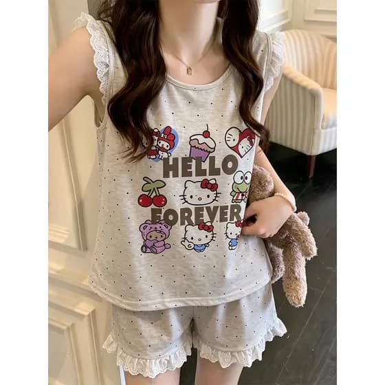 2026 novo estilo colete de verão sem mangas pijamas senhoras bonito Shorts de renda terno estilo fino tamanho grande Hom