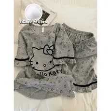 2026 novo estilo verão de manga curta bonito gato pijamas terno feminino com almofada no peito estilo fino Loungewear po
