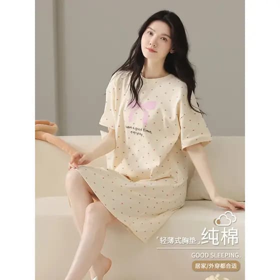 Fenteng Ke'an Camisola feminina verão algodão puro com almofada no peito pijama feminino de manga curta damasco feminino
