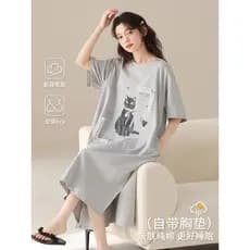 Fenteng Ke'an Camisola feminina verão algodão puro com almofada no peito manga curta fina cinza claro pijama feminino 20