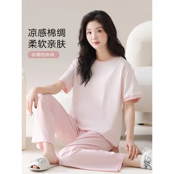Fenteng Ke'an pijamas femininos 2026 novo estilo verão algodão seda verão fino calças de manga curta feminino Homewear v