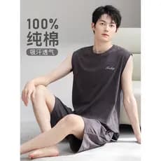 Pijamas estilo masculino verão puro algodão 2026 novo estilo colete verão estilo juventude cinza Homewear terno