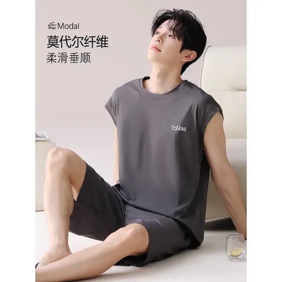 Pijamas masculinos verão Modal 2026 novo estilo colete estilo verão meia-idade pai idoso legal Homewear