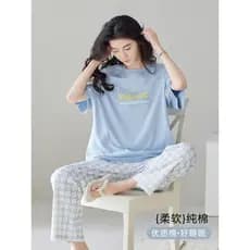 Pijamas femininos verão puro algodão calças de manga curta estilo verão 2026 novo estilo azul claro roupas para casa ver