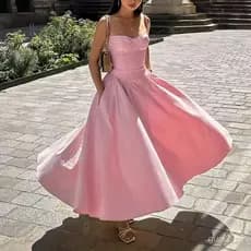 Vestido elegante estilo retrô francês com cintura fina e alças (24586)