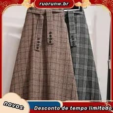 Saia Longa de Lã Xadrez Feminina Plus Size S-4XL, Moda Casual Vintage para Primavera, Outono e Inverno, Cintura A-line