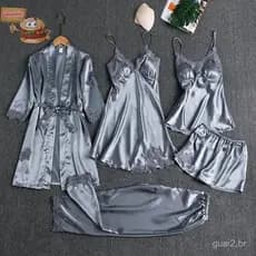 Conjunto de Pijama Feminino Jiarenitu de 5 Peças em Seda com Renda e Cetim, com Camisola de Alcinha com Decote em V