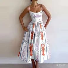 Vestido Elegante Estampado com Cintura Franzida e Alças Largas para Mulheres (28744)