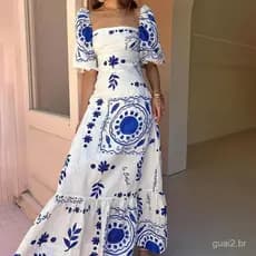 Vestido Feminino Casual Estampado com Gola Reta e Mangas Bufantes, Saia Ampla (28338)