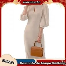 Vestido Elegante Branco com Mangas Lanterna e Gola Alta, Corte Justo, Comprimento Médio, Tamanho Grande