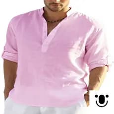 Camisa de Linho Masculina de Manga Longa em Cor Sólida Tamanho Grande