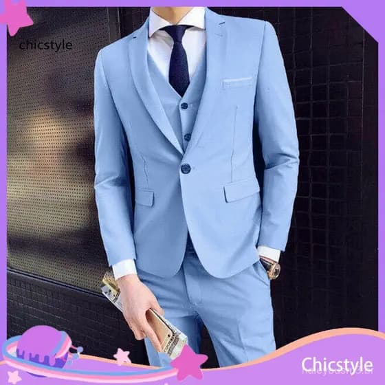Conjunto Formal de Casaco, Colete e Calças para Homens, Terno Slim Fit, Cor Sólida, Tecido Liso Antirrugas, Gola Reversí
