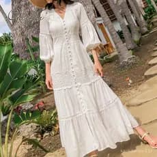 Vestido Maxi Feminino Boho 2022, Branco, com Laço, Algodão, Longo, para Praia e Férias de Verão (Envio em 24 horas)