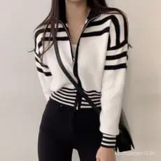 Suéter Feminino Estiloso de Outono Coreano com Zíper, Gola Alta Vintage, Manga Curta/Longa, Cardigã de Tricô Listrado