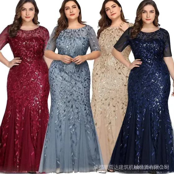 Vestido de noite sereia slim plus size com lantejoulas e malha, com padrão de folhas bordadas, elegante vestido formal f