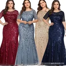 Vestido de noite sereia slim plus size com lantejoulas e malha, com padrão de folhas bordadas, elegante vestido formal f