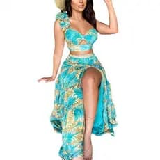 Conjuntos Sensuais para Mulheres: Top Curto e Saia Longa, Conjunto de Duas Peças com Estampa de Folhas Havaianas e Decot