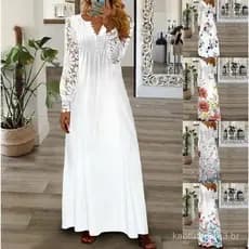Vestido longo feminino com estampa boêmia, moda primavera-outono, design com detalhes em renda, vestido de mangas compri