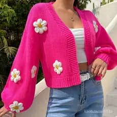 Jaqueta de tricô curta e solta para mulheres, estilo novo de outono/inverno, com flores tridimensionais e design delicad