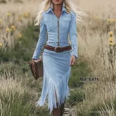 2026 Vestido de Manga Comprida Transfronteiriço Estilo Jeans Ocidental com Franjas de Camurça e Corte Justo