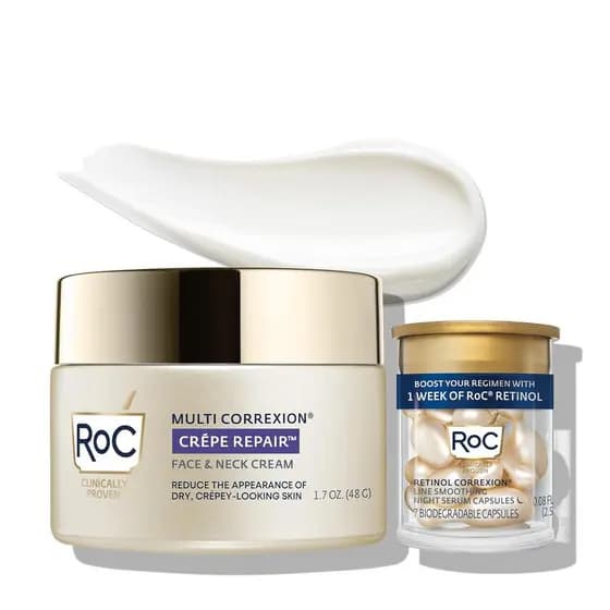 RoC Crepe Repair Creme Hidratante Facial Diário Antienvelhecimento e Creme Firmador para Pescoço (1,7 oz) + Cápsulas Sua