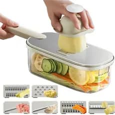 Cortador e Ralador Multifuncional de Vegetais com 6 Lâminas, Ralador de Queijo com Manivela, Protetor de Mão e Recipient