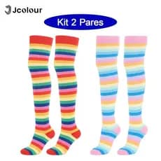 Jcolour Kit 2 Meias Colorida Cano Médio Alto ou Longa Meia Arco Iris Alta para Infantil Adulto 34-40