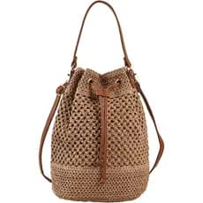 Bolsa de Palha Tipo Balde, Pequena Bolsa Transversal Tecida para Mulheres, Bolsa Hobo com Cordão, Bolsa de Praia de Palh