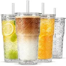 Conjunto de 4 Copos de Vidro com Flor de Begônia INSETLAN 20oz – Copos de Vidro Reforçado com Tampas e Canudos de Vidro