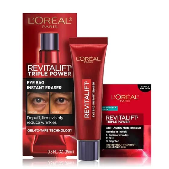 L'Oréal Paris Revitalift Triple Power Eye Bag Instant Eraser, Tratamento Firmador para Olheiras, 0,5 oz + Amostra ZNNW