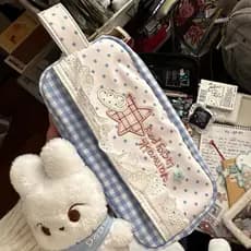 Estojo xadrez de bolinhas de renda, estojo de lápis com flor bordada, papelaria para estudantes de alto valor, bolsa de