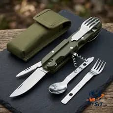 Kit Militar Talheres 5 em 1 com Canivete Camping Pesca Trilha Aço Inox Multifuncional Sobrevivencia