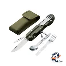 Kit Militar Multifuncional Conjunto Talher 5 em 1 com Canivete Camping Pesca Trilha Aço Inox