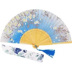 Encantador e Elegante Leque de Bolso Dobrável de Seda de Bambu Feito à Mão para Mulheres Modernas 8,27" (21cm) (Azul) HG