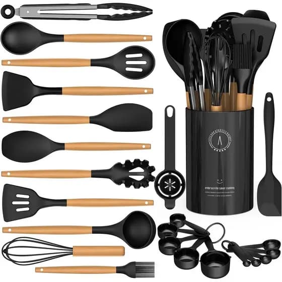 Conjunto de Utensílios de Cozinha de Silicone - Utensílios de Cozinha de Silicone AVGPD com Cabos de Madeira, 446 ° Conj