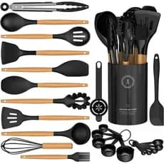 Conjunto de Utensílios de Cozinha de Silicone - Utensílios de Cozinha de Silicone AVGPD com Cabos de Madeira, 446 ° Conj