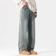 Calças casuais masculinas primavera americano Retro solto lavado Jeans pesado casual costura calças retas
