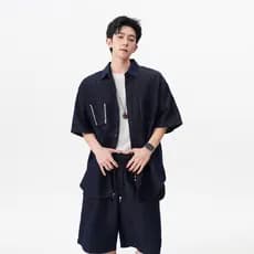Verão estilo fino gelo seda Denim terno masculino Casual Drape solto camisa de manga curta perna larga Shorts de cinco p