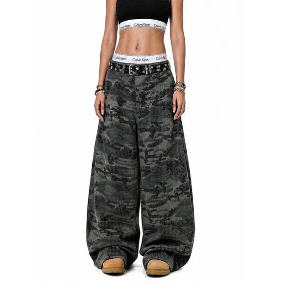 Americano Retro quente diamante perna larga camuflagem Jeans masculino feminino cintura média All-Match mais magro olhar